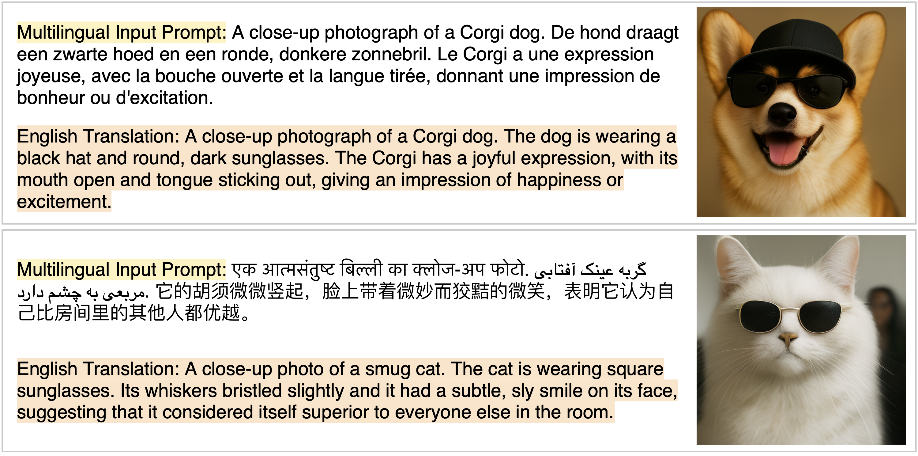Examples of images generated from code-switched prompts mixing three languages.
