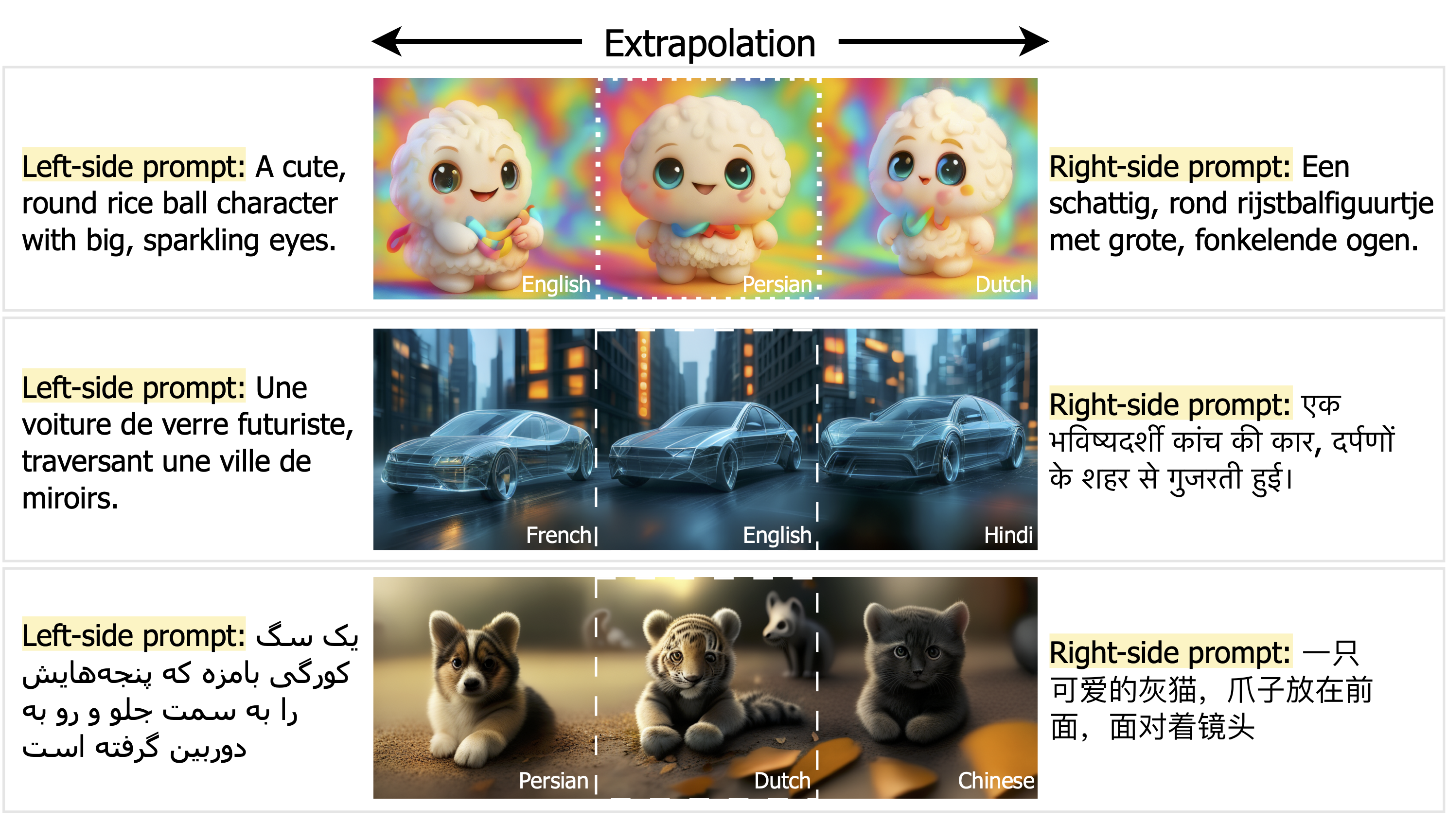 Extrapolating a futuristic car in a city of mirrors using English and Hindi prompts.